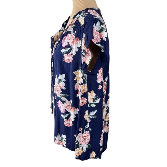 Buffalo David Bitton Top Floral Cap Sleeve Popover Blue Pink L Large - Picture 2 of 7